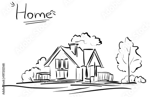 Vector line house and trees