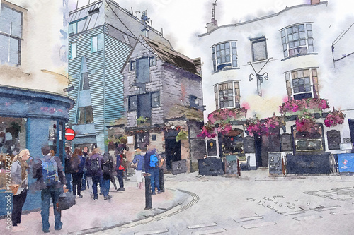old street in Brighton, watercolor style