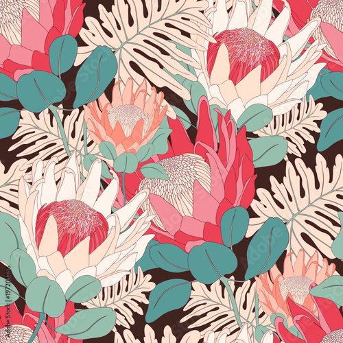 Protea Exotic Vector Flower Seamless Pattern