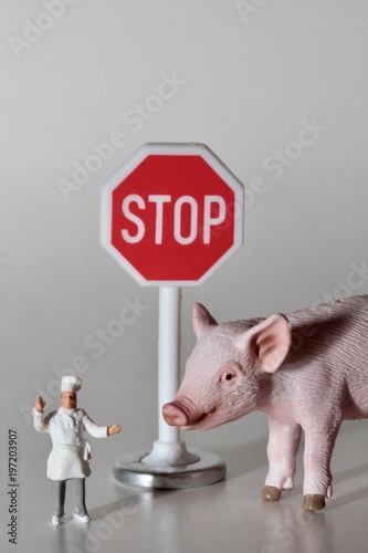 miniatura di cuoco con maiale e segnale di stop photo