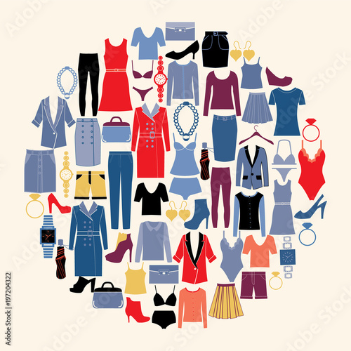 Set of woman clothes and accessories in flat style vector
