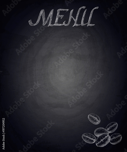 Menu of restaurant with hand drawn coffee beans on chalkboard background
