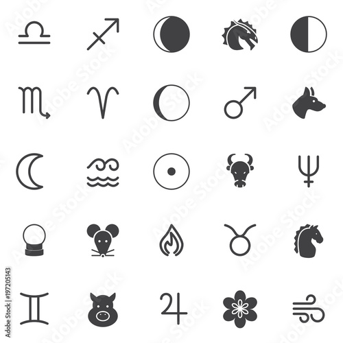 Astrology and zodiac signs vector icons set, modern solid symbol collection, filled style pictogram pack. Signs, logo illustration. Set includes icons as libra, sagittarius, waning crescent, scorpio
