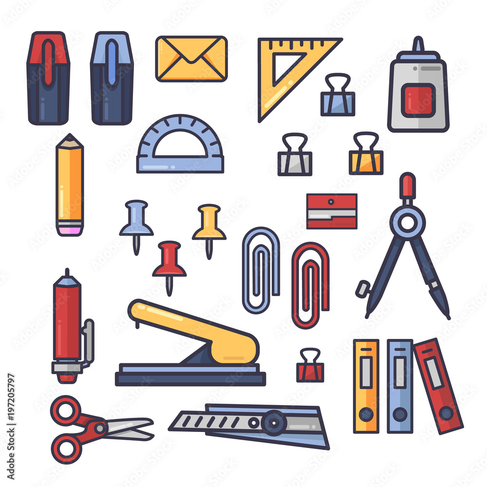 Set of vector office accessories icons. School supplies, stationery. Cartoon flat Doodle Style. Education assortment Set of vector office accessories icons. School supplies, stationery. Cartoon flat Doodle Style. Education assortment