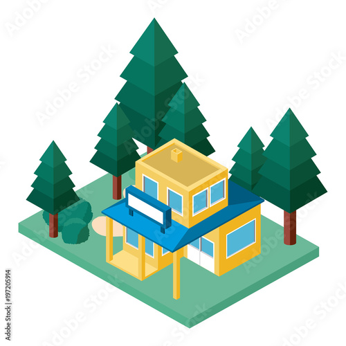 mini tree and store building isometric vector illustration design