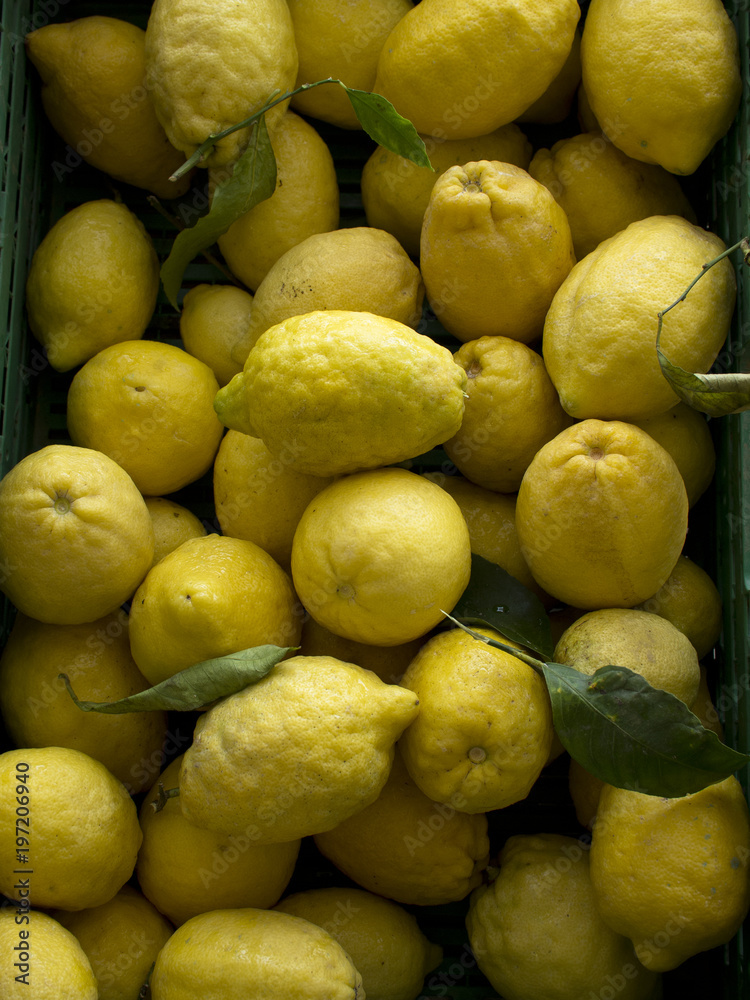 Fresh harvest of organic lemons with some leaves in a crate
