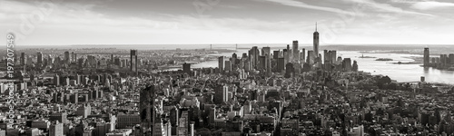 Aerial panoramic view of Lower Manhattan in Black and White. The view includes Financial District skyscrapers  East and West Village  the Hudson River  New York Harbor  and Brooklyn  New York City