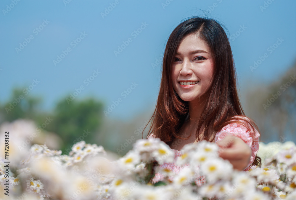 beautiful woman in chrysanthemum glower garden beautiful woman in chrysanthemum glower garden