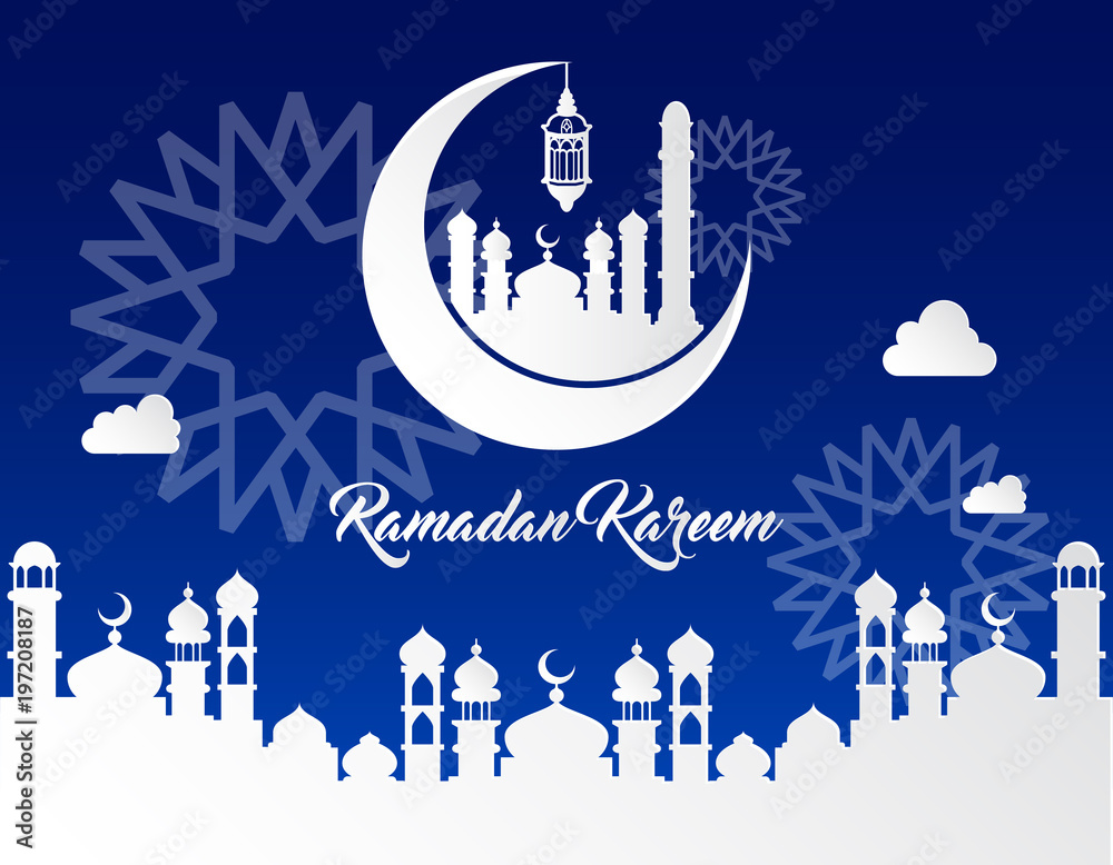 beautiful ramadan kareem background with paper art style on blue background beautiful ramadan kareem background with paper art style on blue background