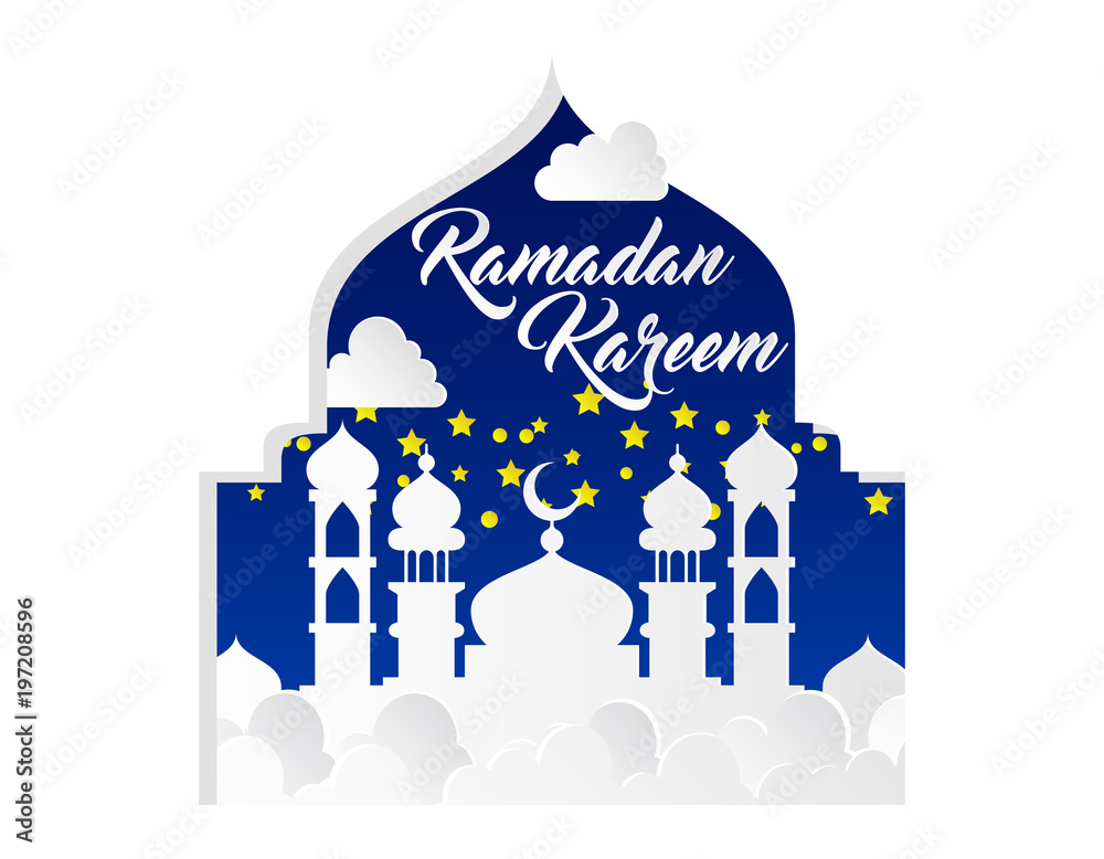 Naklejka premium beautiful ramadan kareem background with paper art style on blue background