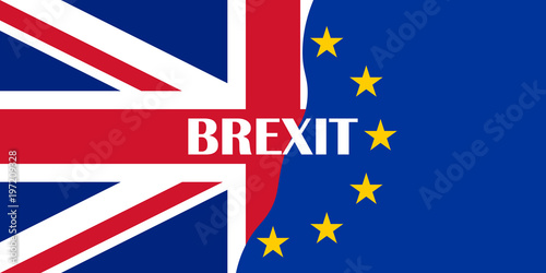 brexit blue european union EU half flag and great britain half flag with BREXIT text, united kingdom exit symbol