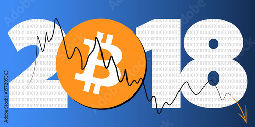 Bitcoin Value Decrease in 2018. 2018 year and falling candle for Virtual cryptocurrency. Virtual money Concept with bitcoins and graph on background. Mining and blockchain technology