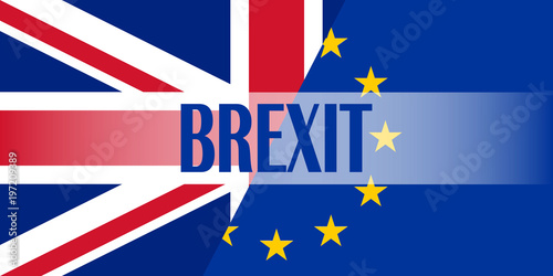 brexit blue european union EU half flag and great britain half flag with BREXIT text, united kingdom exit symbol