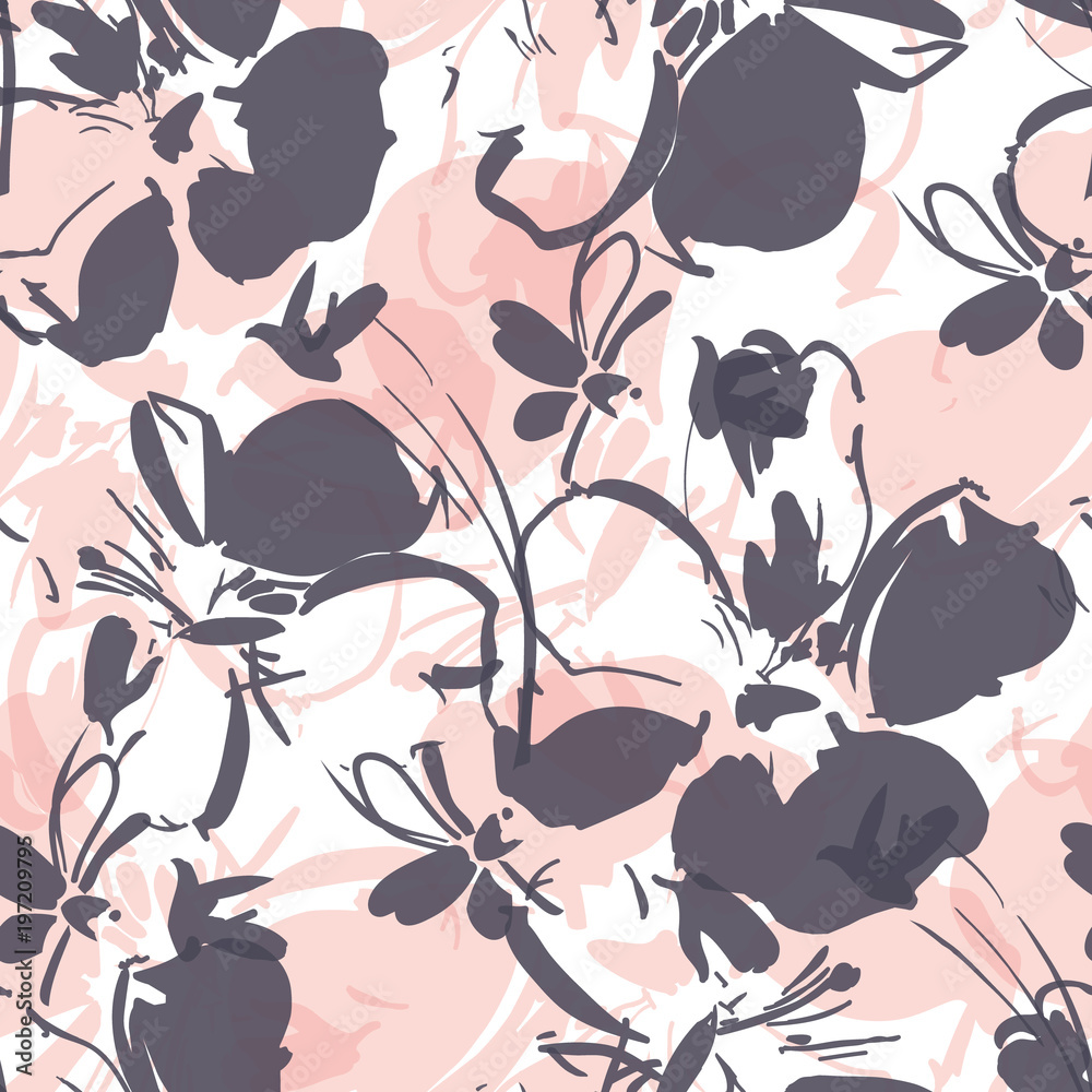 Seamless vector pattern with layered soft flowers in grey and pink with a white background. Seamless vector pattern with layered soft flowers in grey and pink with a white background.