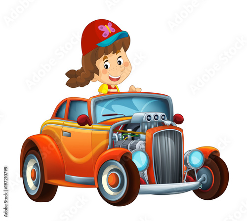 cartoon scene with child - girl in cool looking hod rod car on white background - illustration for children