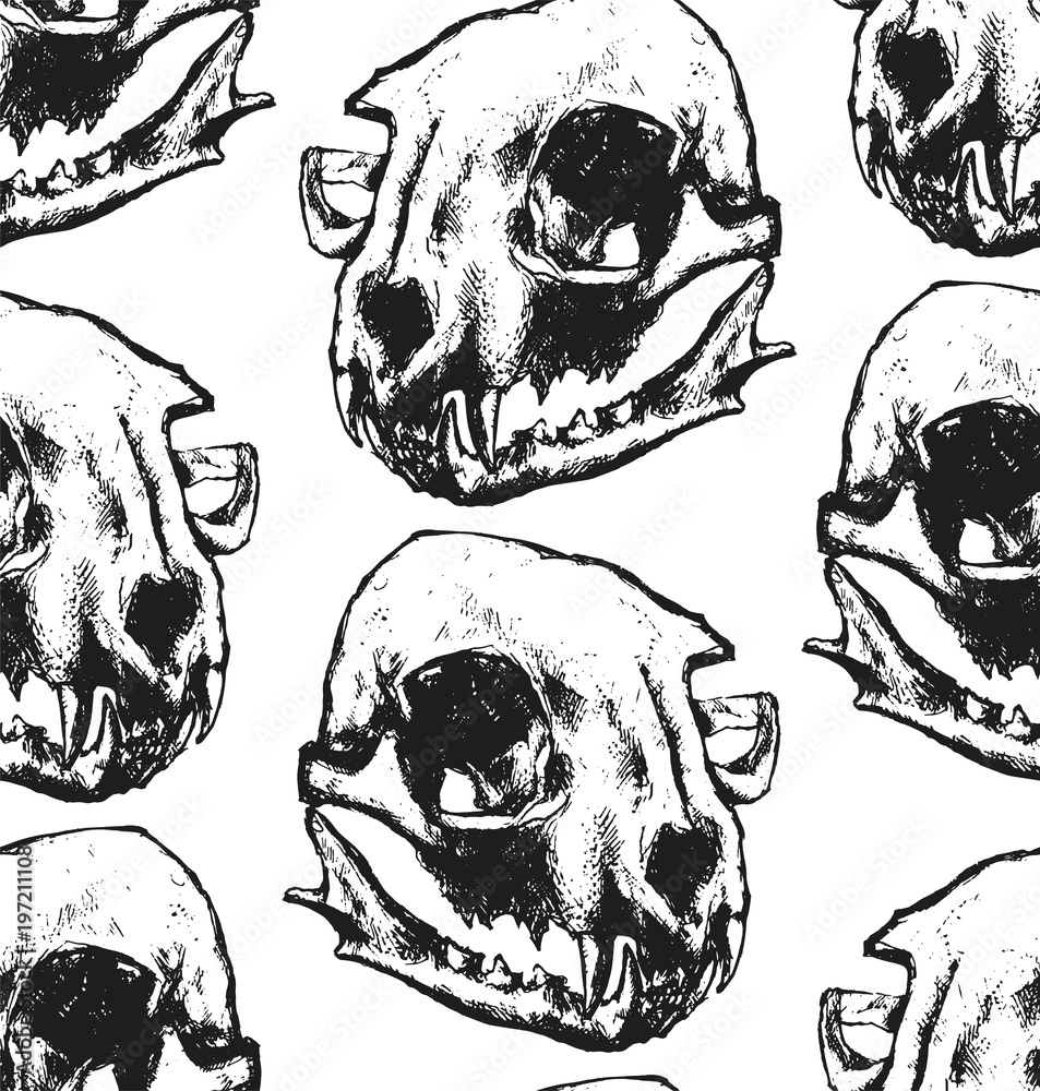 Fototapeta premium Seamless texture with cat skull. Repeating background. Tile pattern. Can be used as wallpaper, desktop, wrapping, fabric or background for your blog, covers, cards. Black and white..