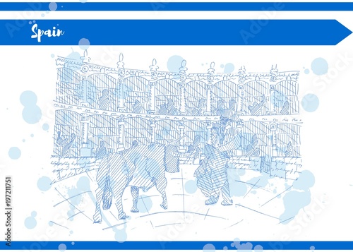 spain blue color ink sketch drawing with bull and matador