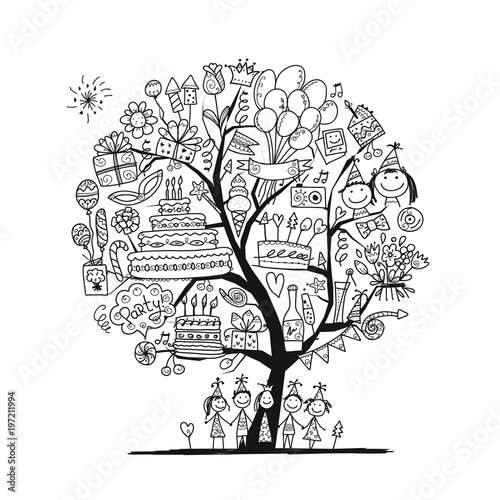 Birthday party tree, coloring set for your design