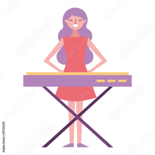 cute cartoon happy woman playing synthesizer vector illustration