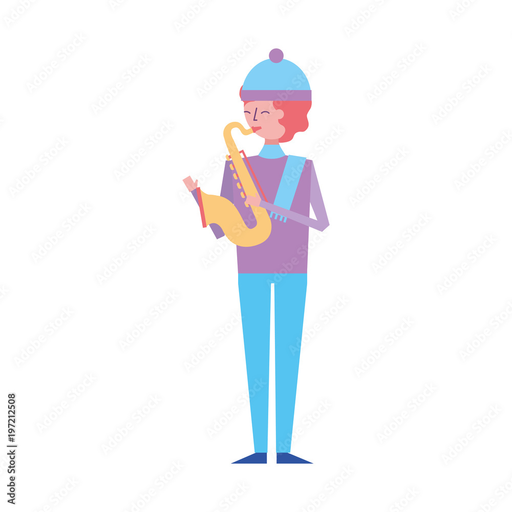 musician young man playing saxophone in warm clothes vector illustration musician young man playing saxophone in warm clothes vector illustration