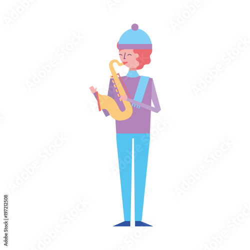 musician young man playing saxophone in warm clothes vector illustration