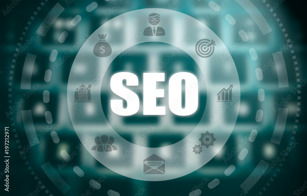 A SEO concept on a futuristic computer display over a blured image of a keyboard. A SEO concept on a futuristic computer display over a blured image of a keyboard.