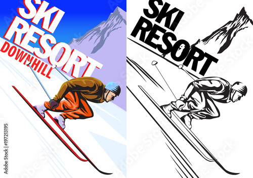 Ski resort poster with cartoon style male character. Vector illustration.