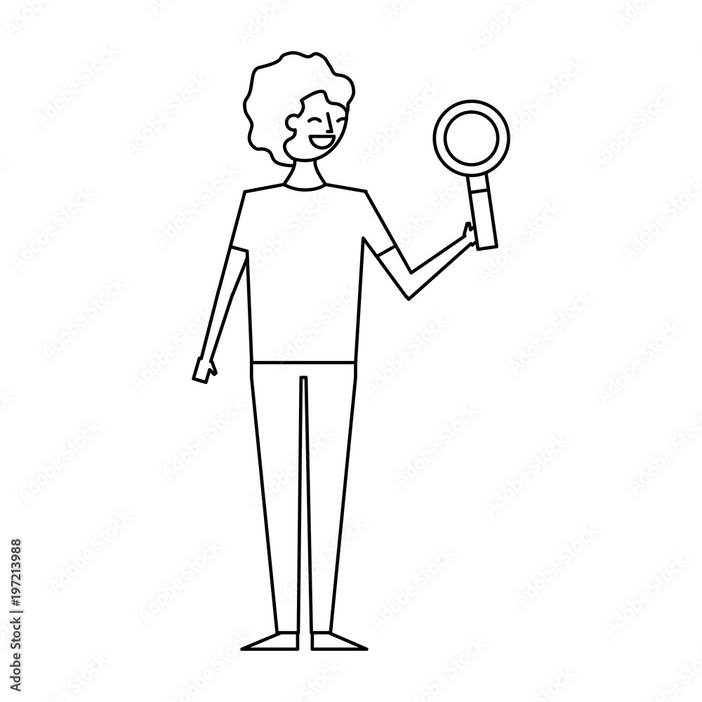 smiling man cartoon holding magnifier glass vector illustration outline design