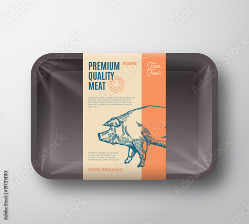 Premium Quality Pork Pack. Abstract Vector Meat Plastic Tray Container with Cellophane Cover. Packaging Design Label. Modern Typography and Hand Drawn Pig Silhouette Background Layout.