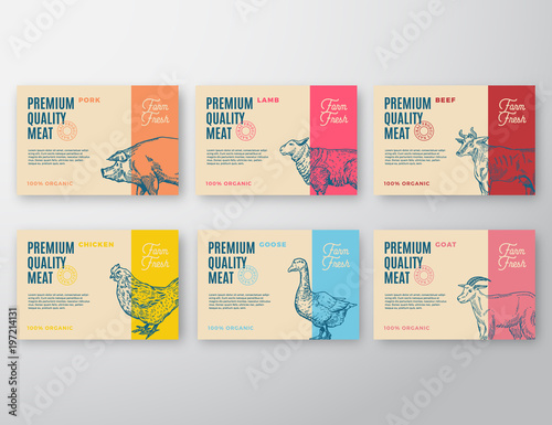 Premium Quality Meat and Poultry Labels Set. Abstract Vector Packaging Design or Label. Modern Typography and Hand Drawn Animals Silhouette Background Layouts.
