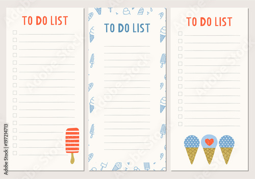 Set of to do list with ice cream illustration. Vector.