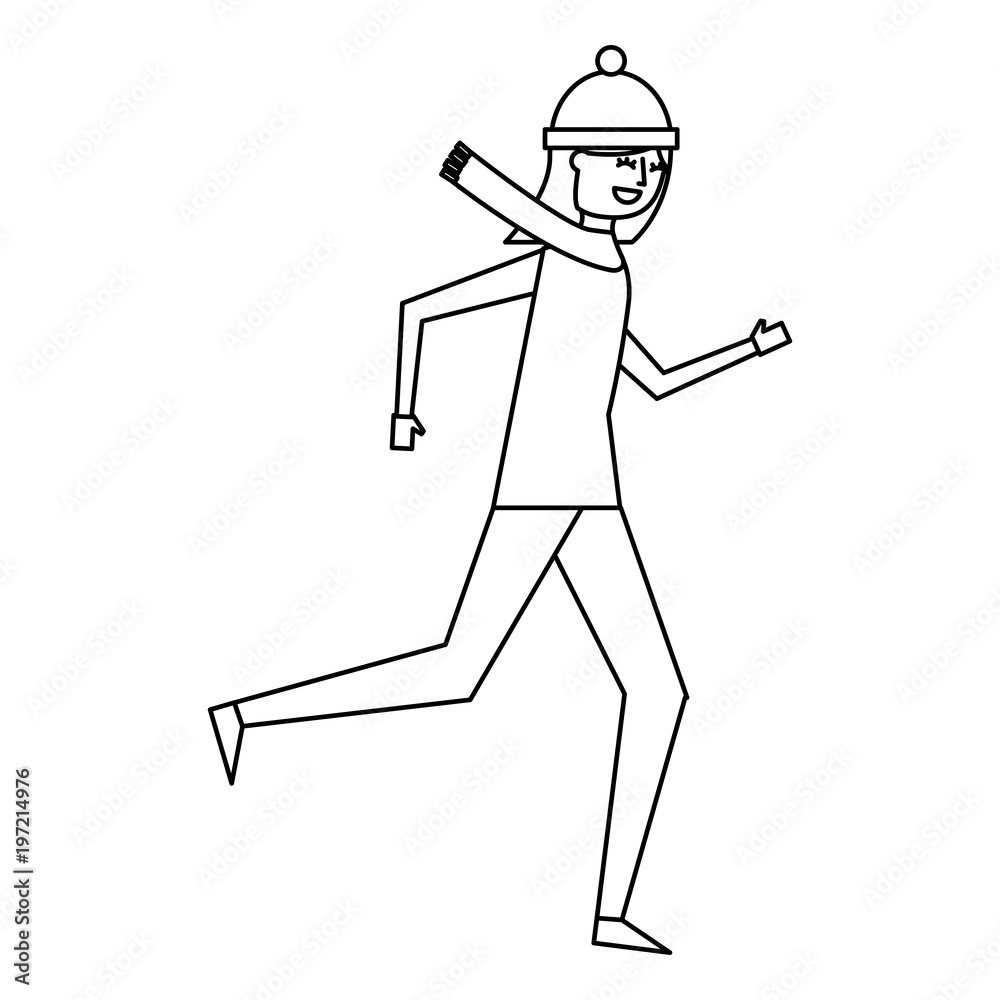 Obraz premium cute woman running in warm clothes vector illustration outline design