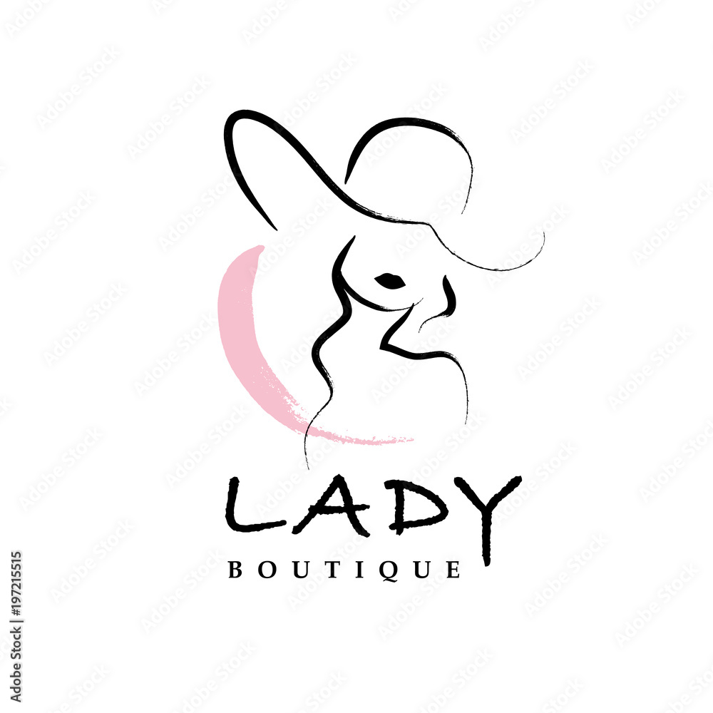 Fototapeta Vector artistic logo with hand drawn lady in hat portrait isolated on white background. Outline drawing. Good for women accessory & cloth boutique, cosmetic shop, girl care salon, fashion store emblem