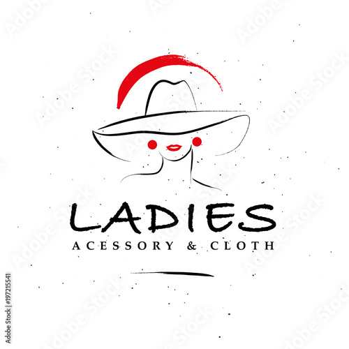 Vector artistic logo with hand drawn lady in hat portrait isolated on white background. Outline drawing. Good for women accessory & cloth boutique, cosmetic shop, girl care salon, fashion store emblem
