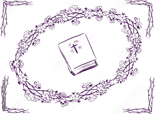 Vector dark violet card Bible, blackthorn, blossomed blackthorn