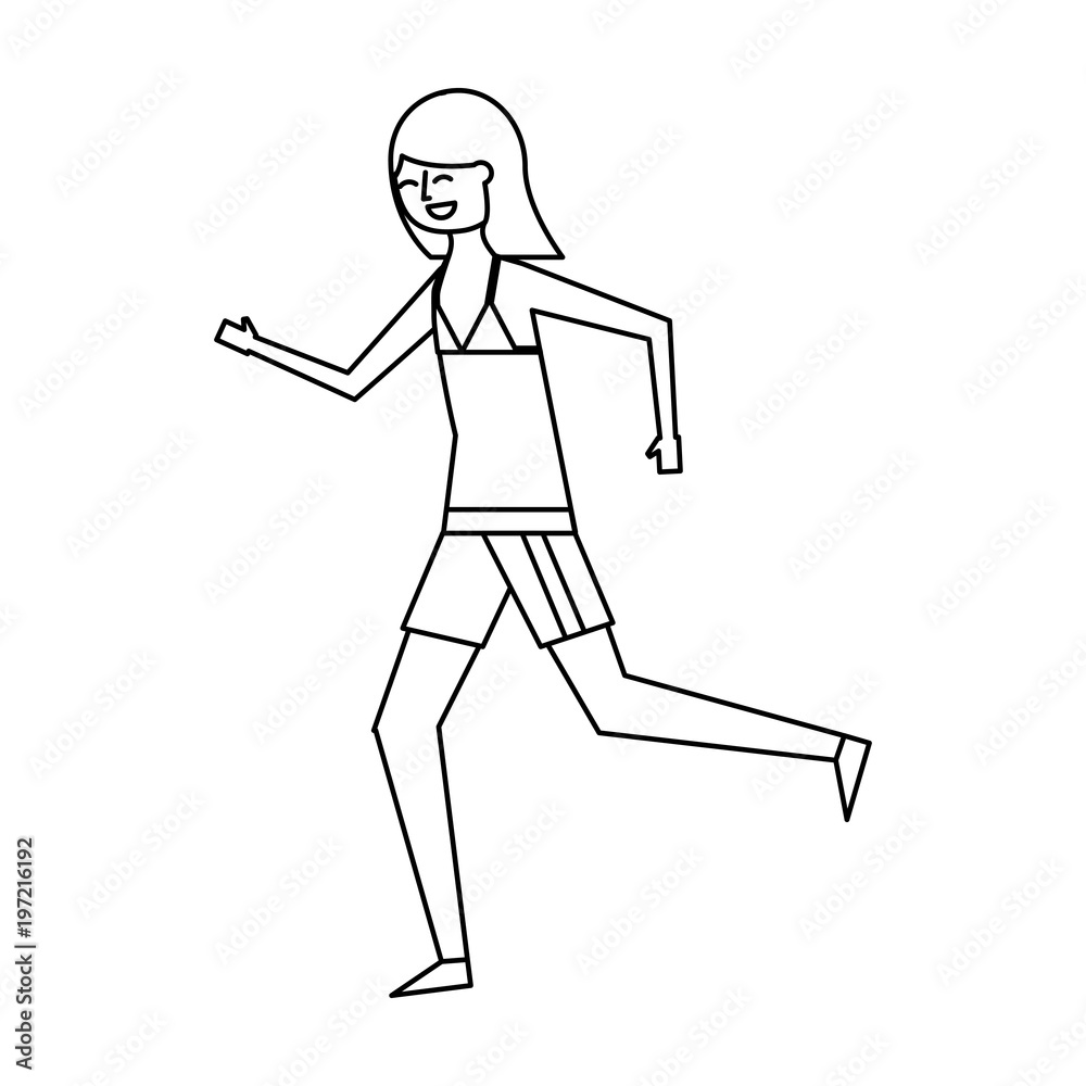 happy woman in swimsuit running image vector illustration outline design