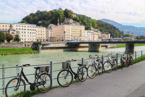 Cityscape of the Salzach river and the old city in center of Salzburg, Austria