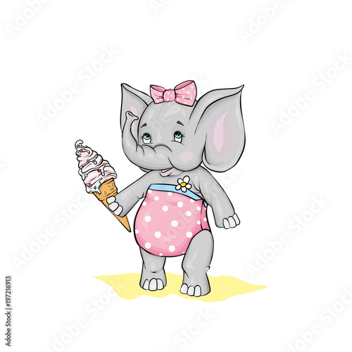 Cute elephant with a bow in a swimsuit and with ice cream. Vector illustration. The girl on the beach.
