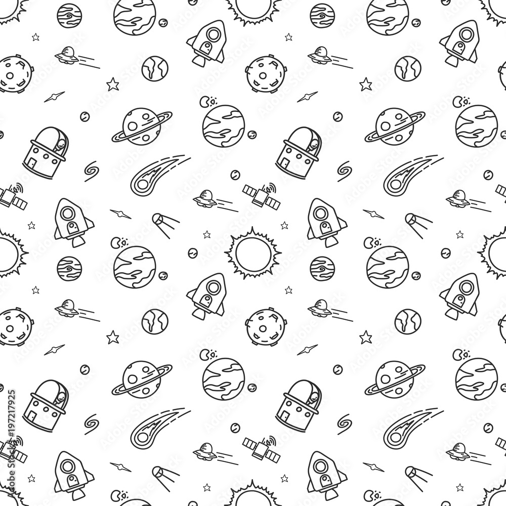 Hand-drawn doodle seamless pattern background is space exploration and cosmology. Vector illustration.