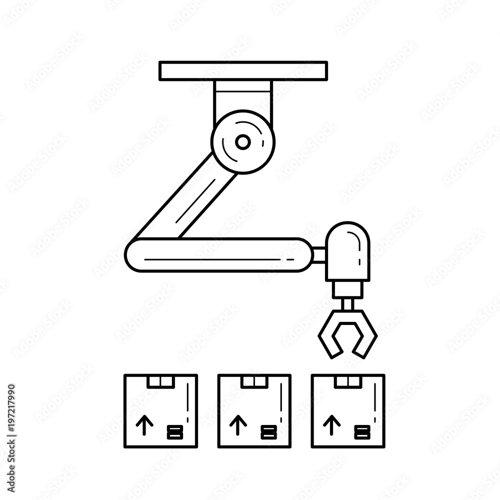 Warehouse robotic arm vector line icon isolated on white background Warehouse robotic arm vector line icon isolated on white background