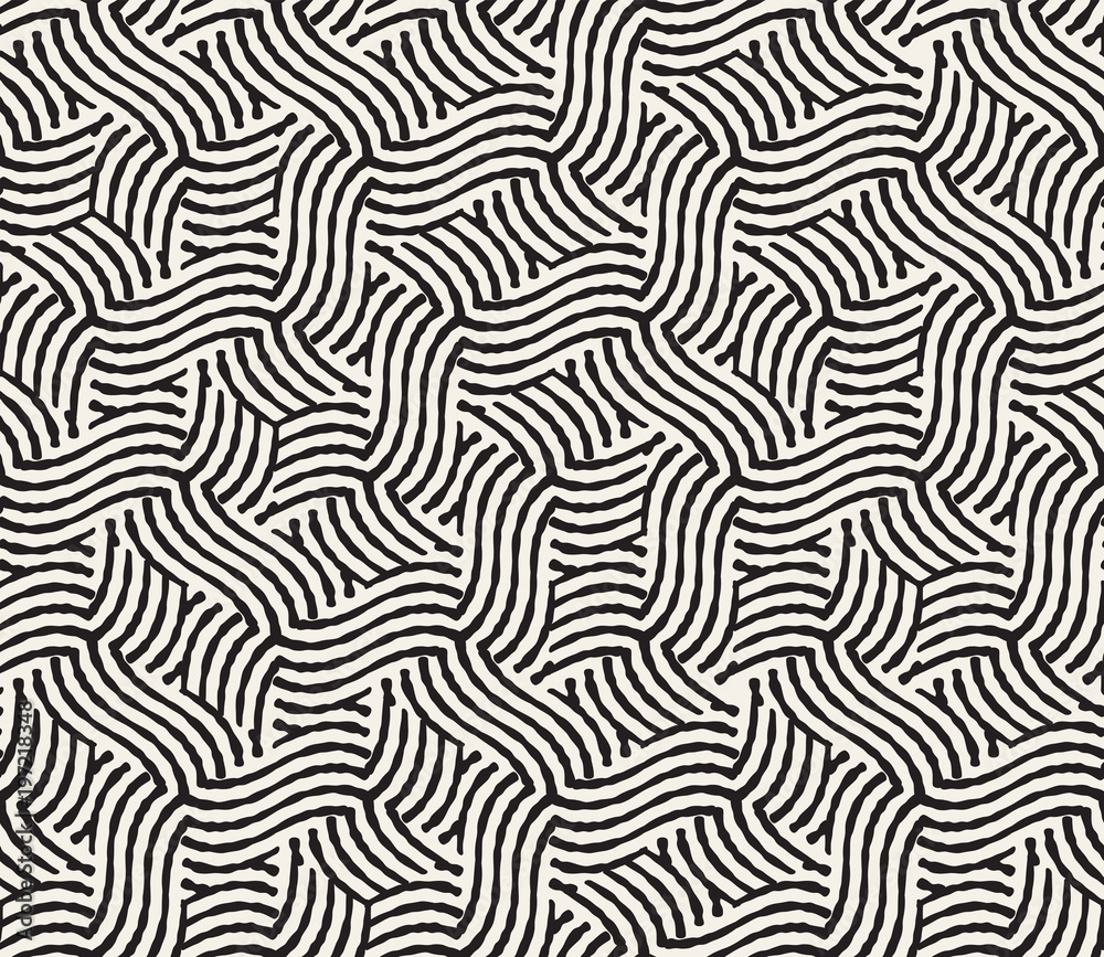 Hand drawn black and white ink striped seamless pattern. Vector grunge lattice texture. Monochrome brush  strokes lines background