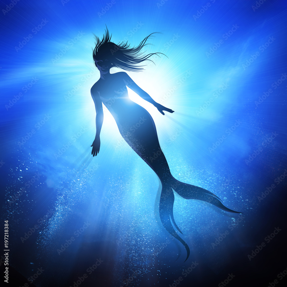 A swimming Mermaid silhouette with a long fish tail in the deep blue sea. Mythical creature of the ocean. Mixed media illustration A swimming Mermaid silhouette with a long fish tail in the deep blue sea. Mythical creature of the ocean. Mixed media illustration