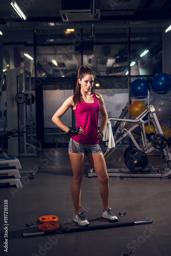 Portrait vertical view of young sexy attractive healthy fitness sporty active slim girl posing and looking at the camera with a barbell in front in the gym.