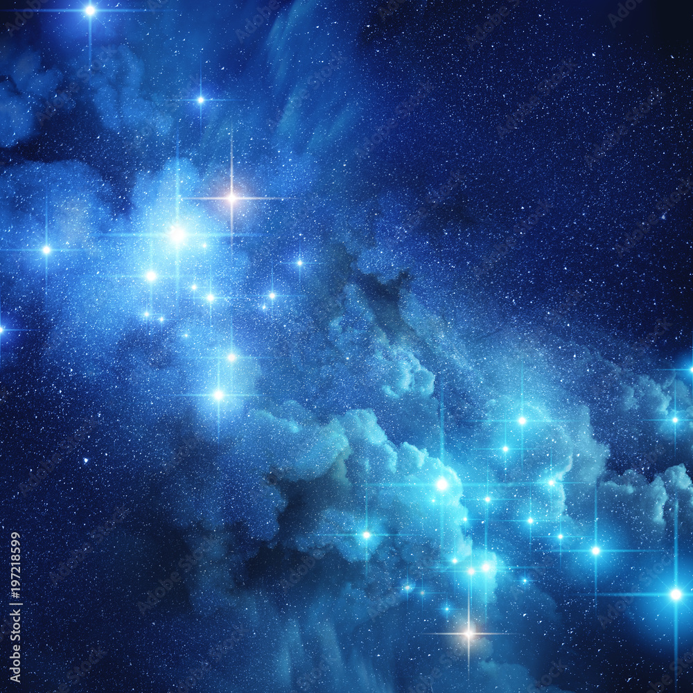 Glowing stars in a blue galaxy nebula. background illustration. Stock Photo