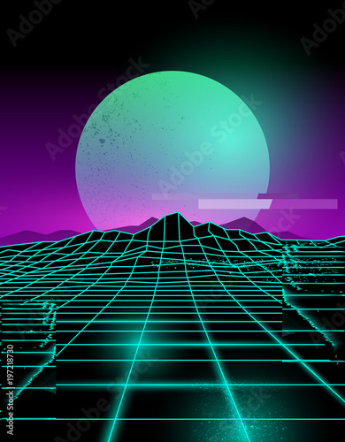 Futuristic neon grid lines and mountain landscape with a neon sun in purple and green. Glitch background vector illustration.
