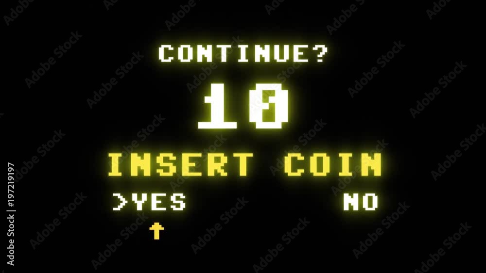 A Game Over screen followed by the request to insert a coin to continue playing. 8-bit retro style, low glowing aura.
