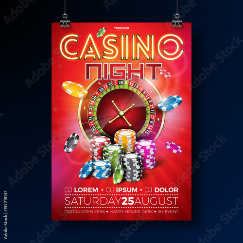 Vector Casino night flyer illustration with roulette wheel and shiny neon light lettering on red background. Luxury gambling invitation poster template design concept.