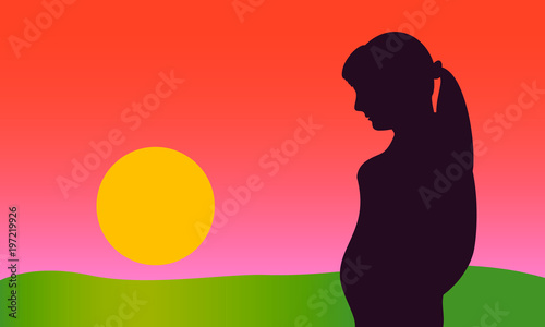   pregnant woman meets  dawn,  beginning of new life,  love of  child