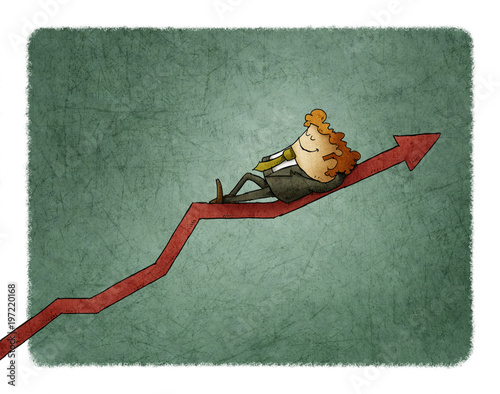Relaxed smiling businessman lying on a graph going up. Concept of success