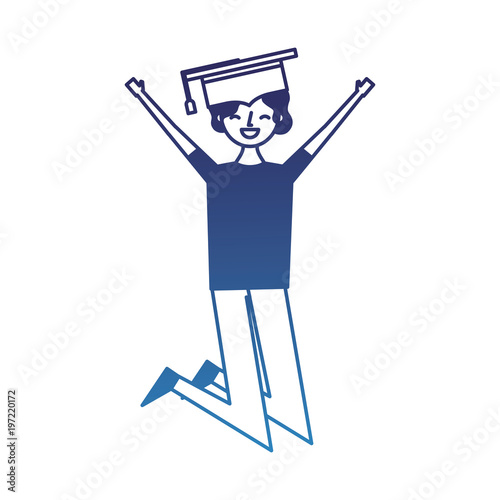 cartoon character young graduate woman jump from happiness vector illustration degraded blue